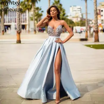 Lacné Sky Blue Satin Večerné Šaty 2021 A-line Sexy Vysoká Rozdeliť Najvyššie Čipky Dlhé Šaty Ples Popruhy Župan De Soiree Korálkové Šaty