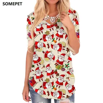 SOMEPET Santa Claus T-shirt ženy Vianočné Tričko Tlač Darček V-neck Tričko Strany Tshirts Vytlačené Dámske Oblečenie Letné Pohode