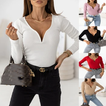 Žena je Začiatok Jari na Jeseň jednofarebné Tričká Patchwork tvaru Dlhý Rukáv T Shirt dámske Oblečenie 2021 Bežné Slim Y2K Topy